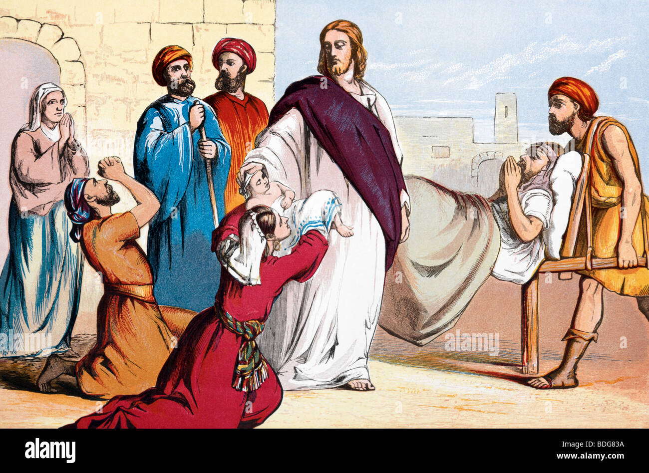 Illustration of Christ Healing the Sick from the Christian Welsh Bible Stock Photo