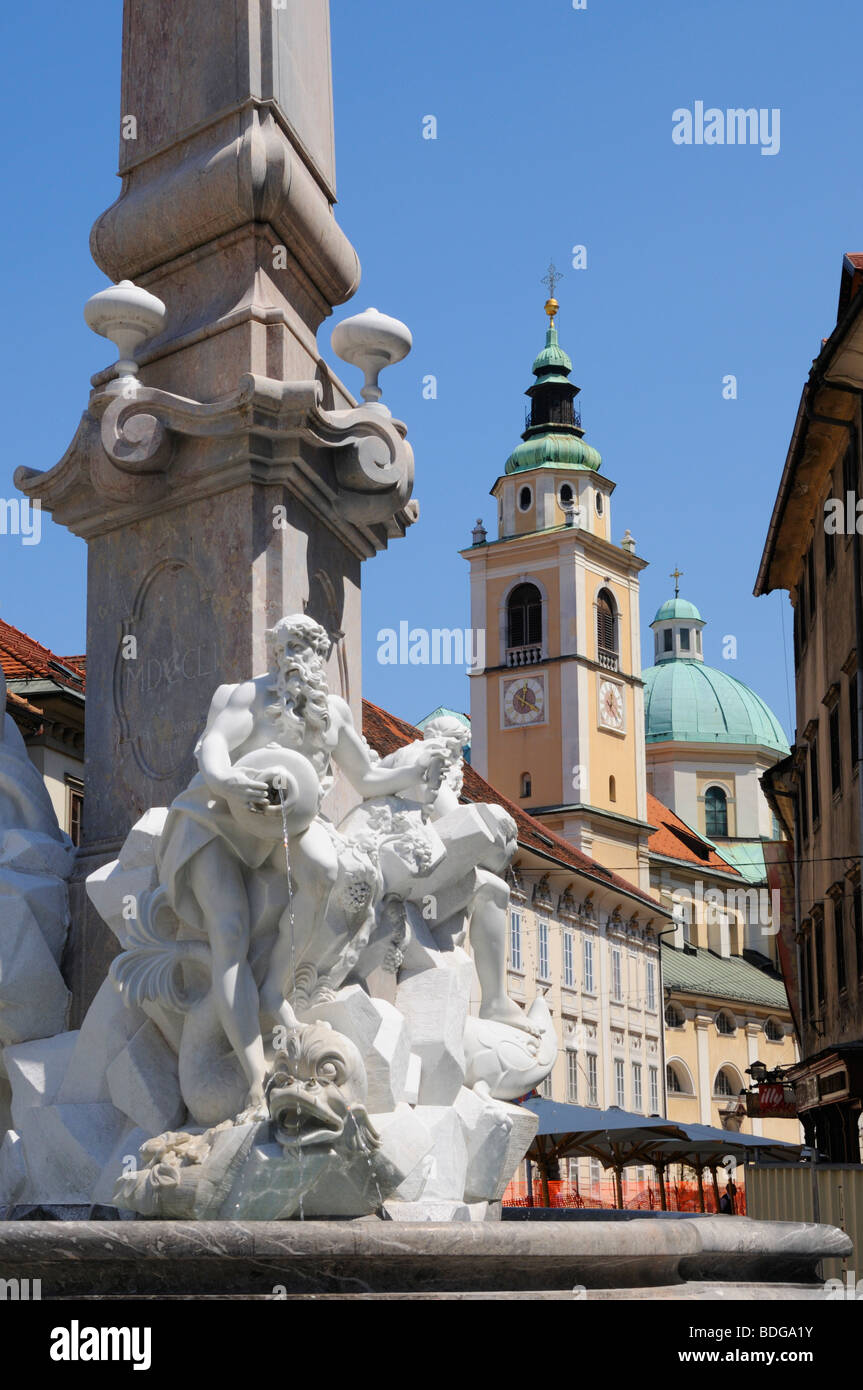 Ljubljana, Slovenia. Fountain of the Three Carniolan Rivers (Vodnjak treh kranjskih rek) or Robba Fountain Stock Photo