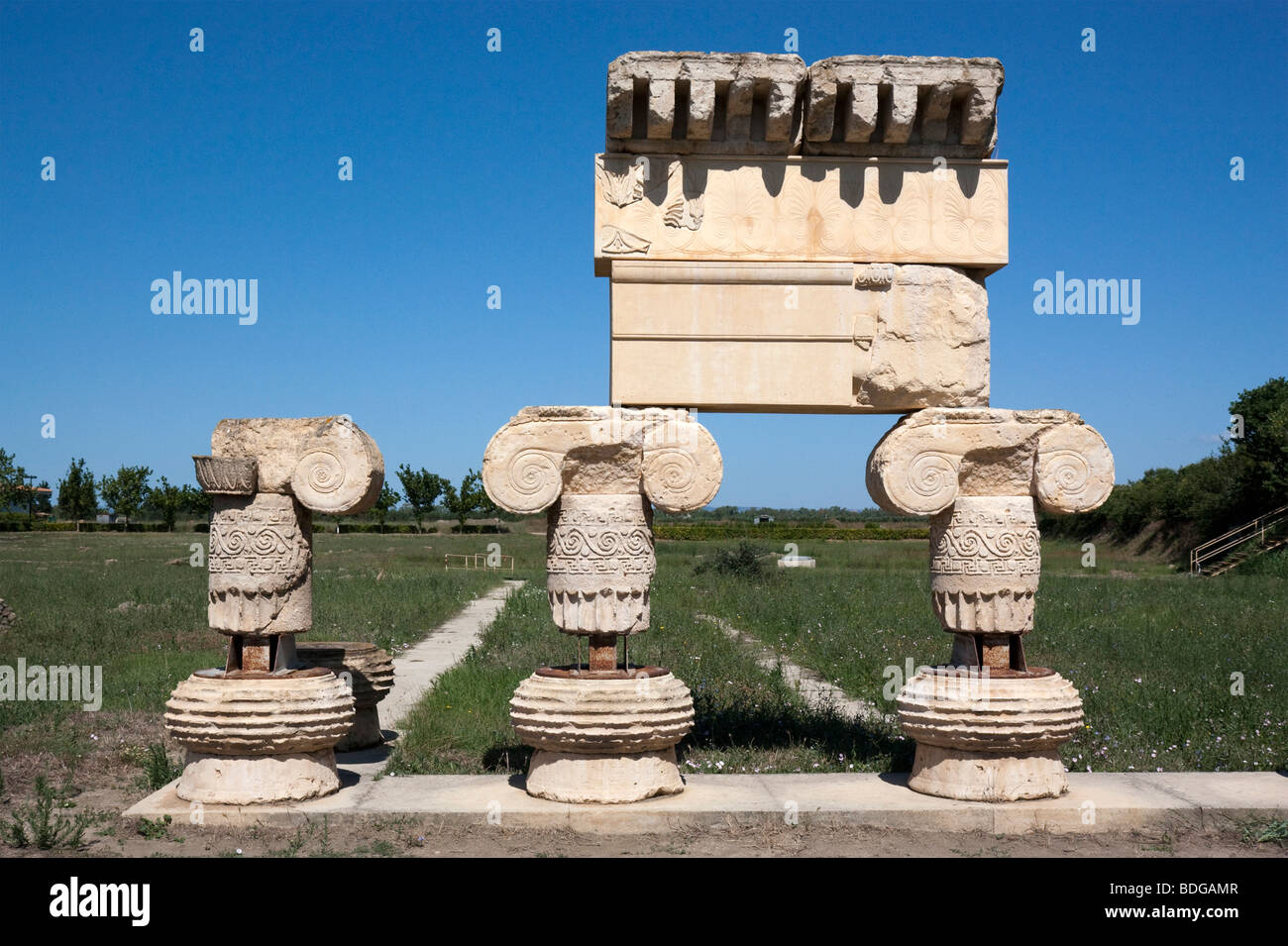Reconstruction of column elements and the entablature from the Ionic temple (Temple D) at ancient Metapontion. Stock Photo