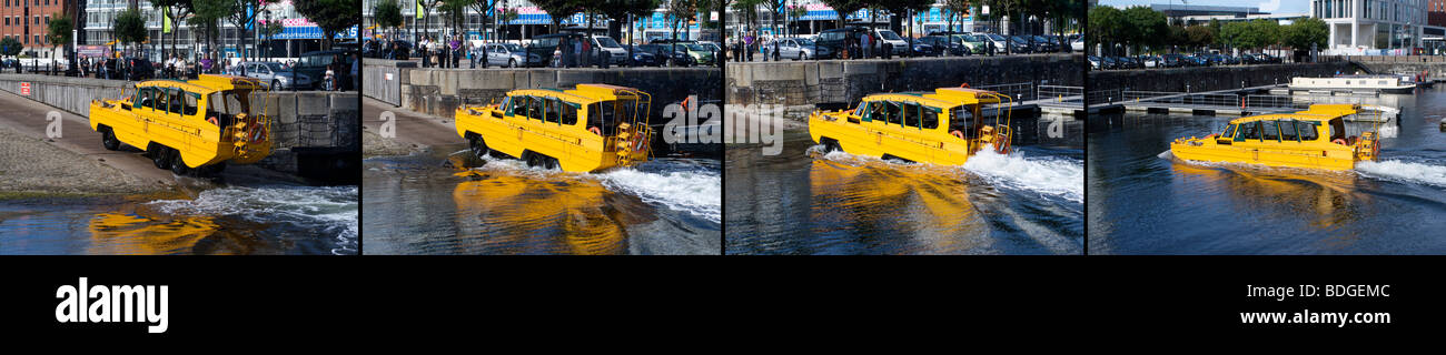 The amphibious 'Wacker Quacker' moving from the water to dry land in Liverpool's Albert Dock, UK Stock Photo