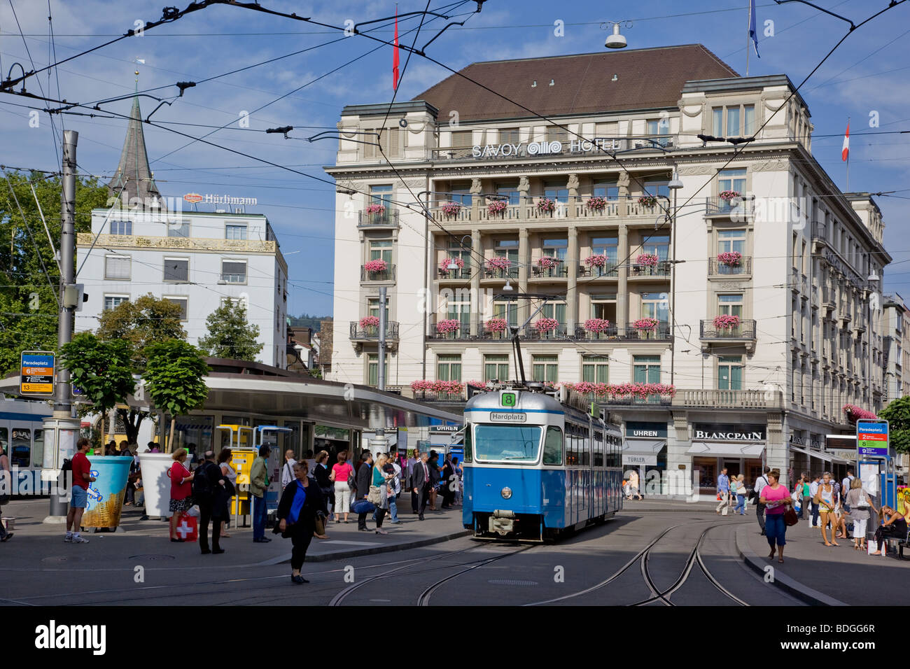 Zurich vintage tram at Paradeplatz stop, Switzerland Stock Photo