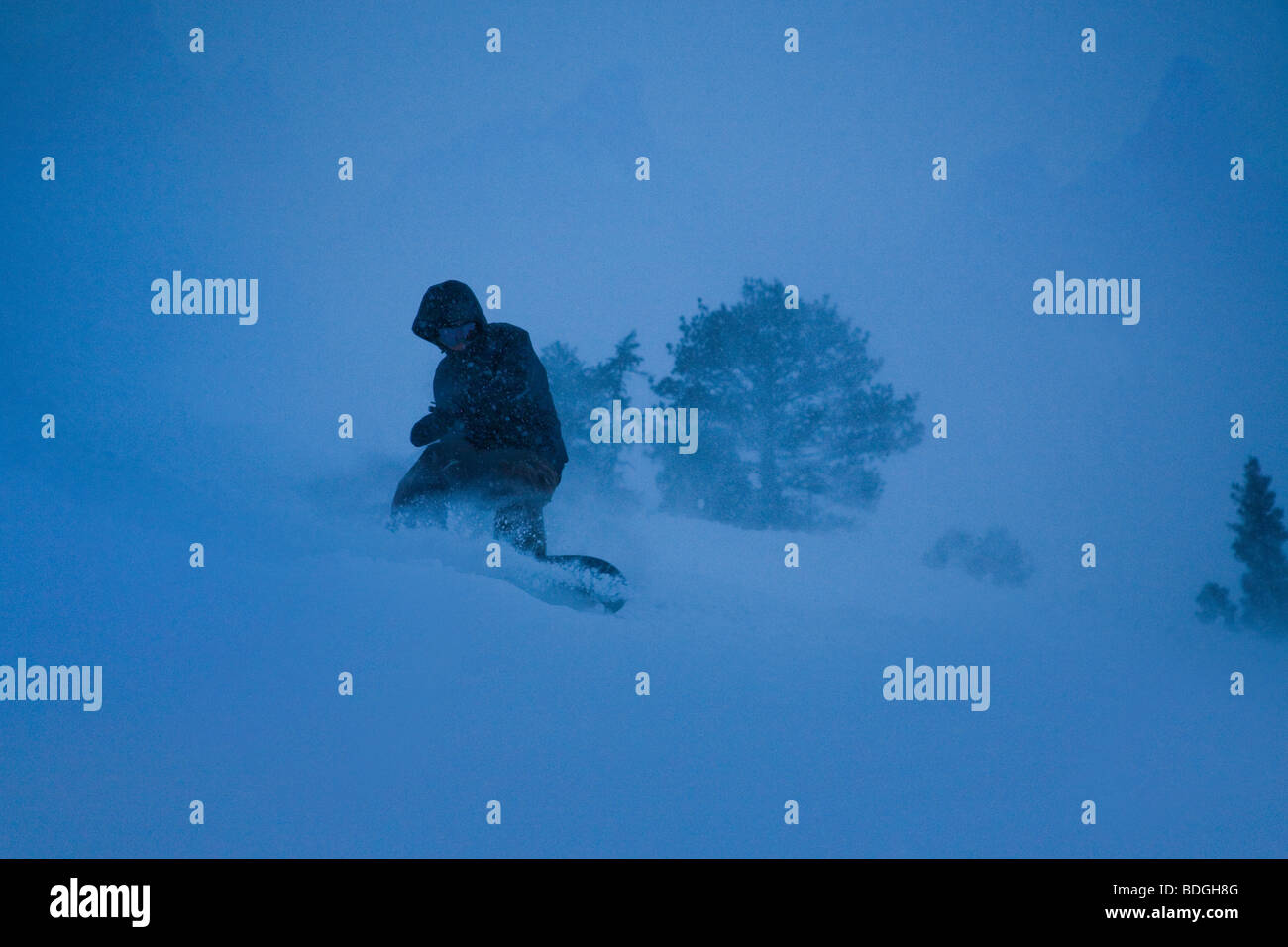 Snowboarder carving through powder snow in a dark storm. Stock Photo