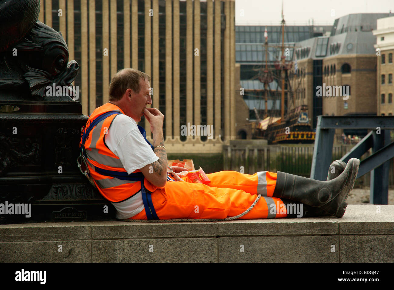A london construction worker takes a break Stock Photo