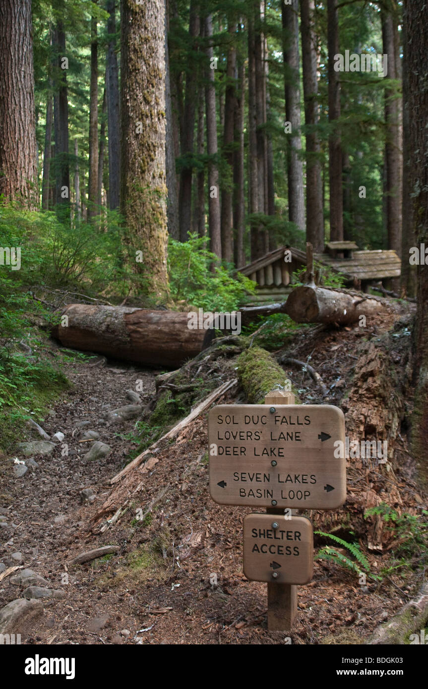 Trailhead signs for Sol Duc River-High Divide-Seven Lakes Basin-Deer Lake Trail, Olympic National Park, Washington. Stock Photo