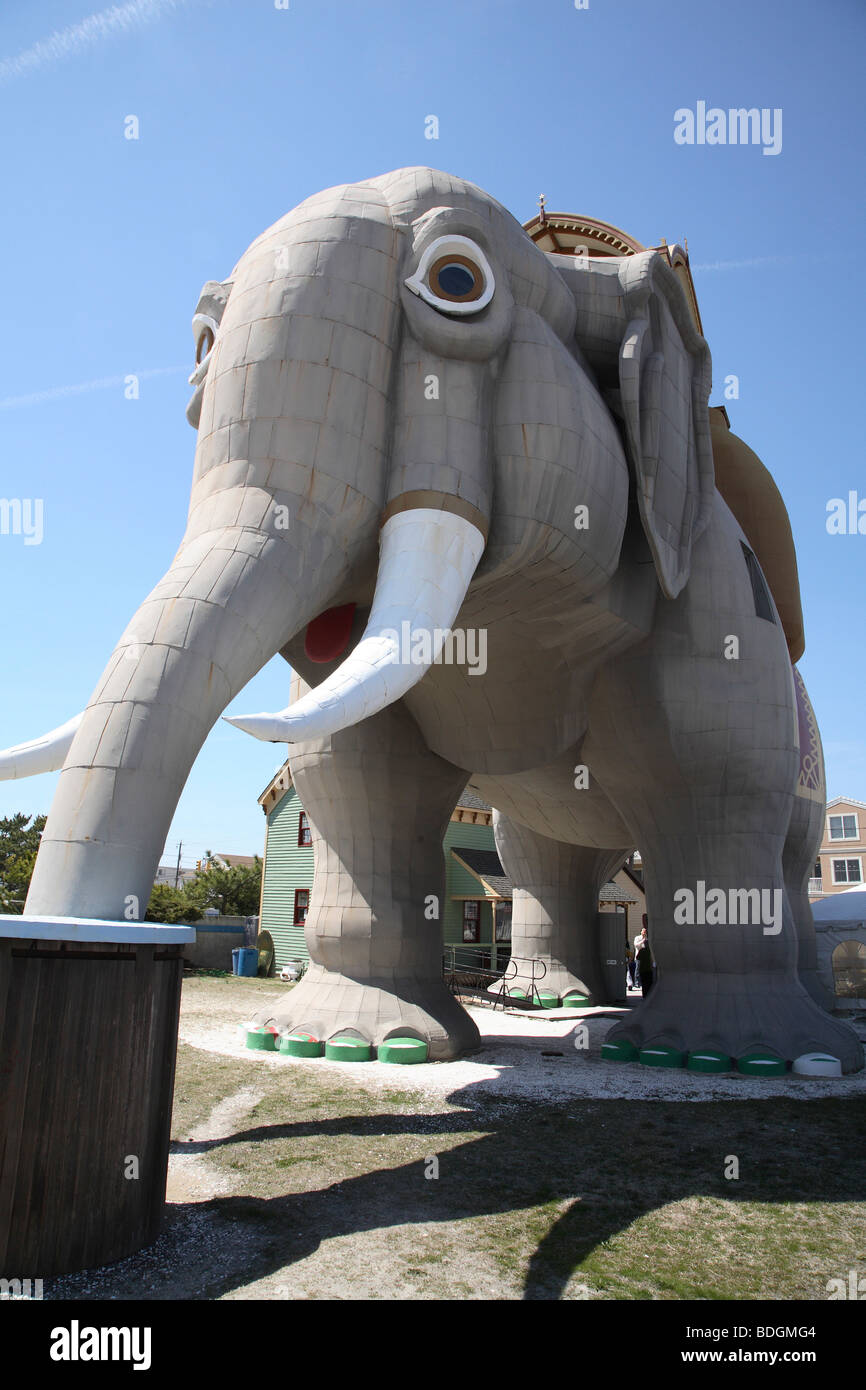 Lucy the Elephant from front right just beside huge trunk grounding in small basket on left. Stock Photo