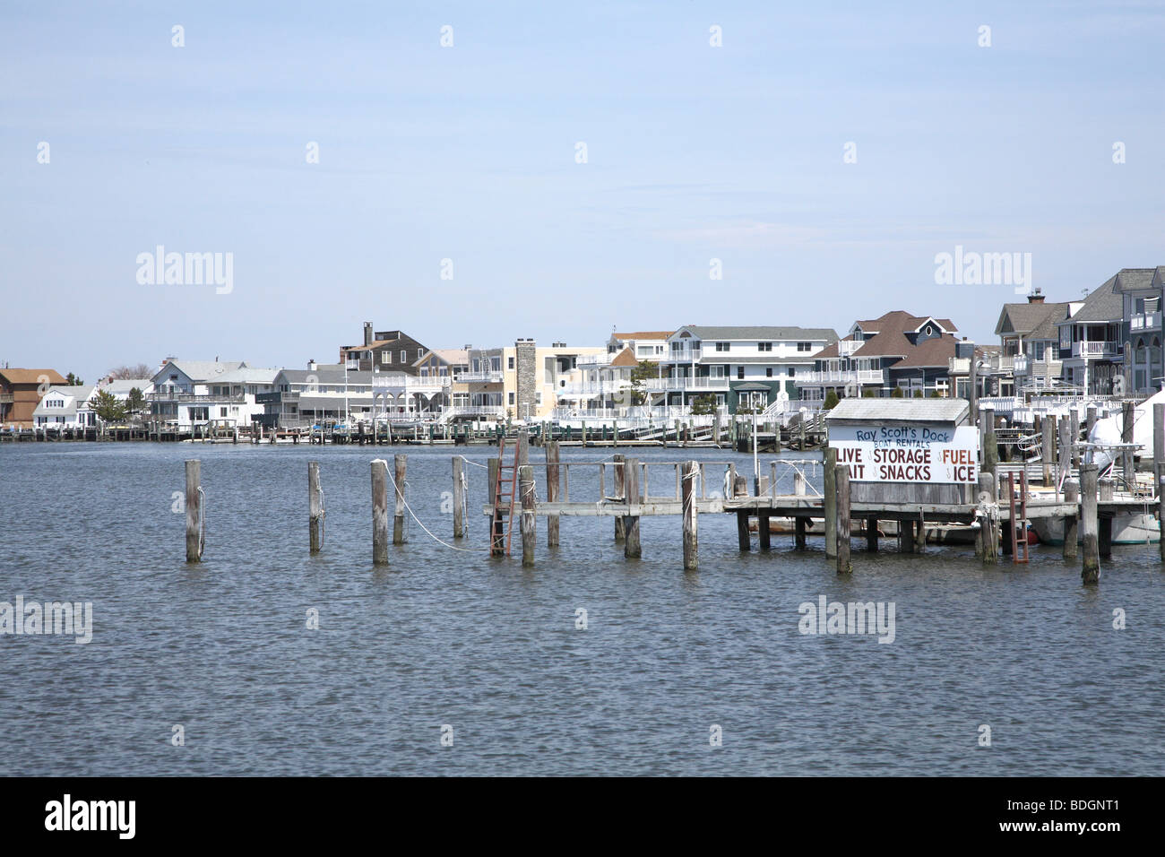 Boat dock with bait and tackle shack with houses along the back bay inland waterway at Margate City. Stock Photo