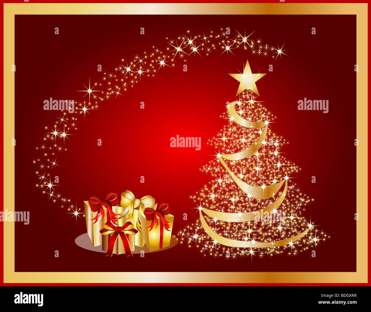 illustration of a golden christmas tree on red background Stock Photo ...