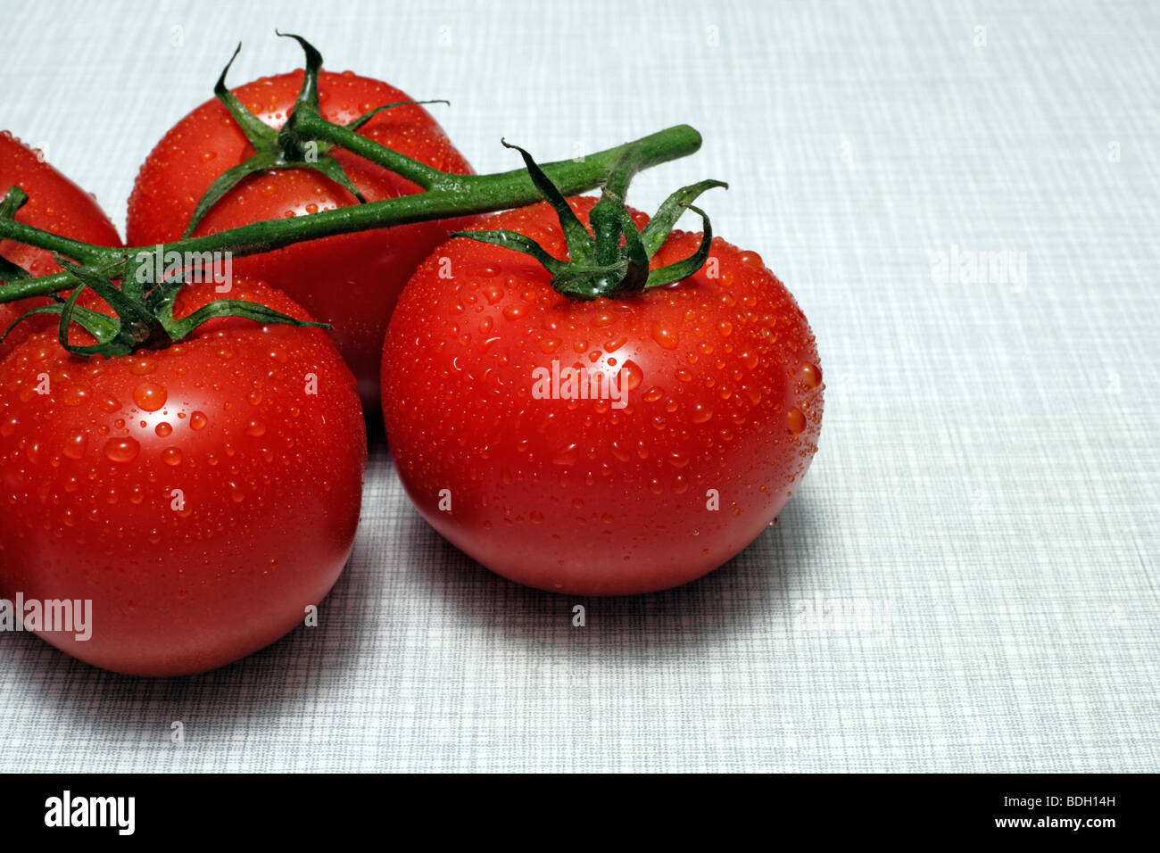 Bush tomatoes with water drops on kitchen desk top Stock Photo