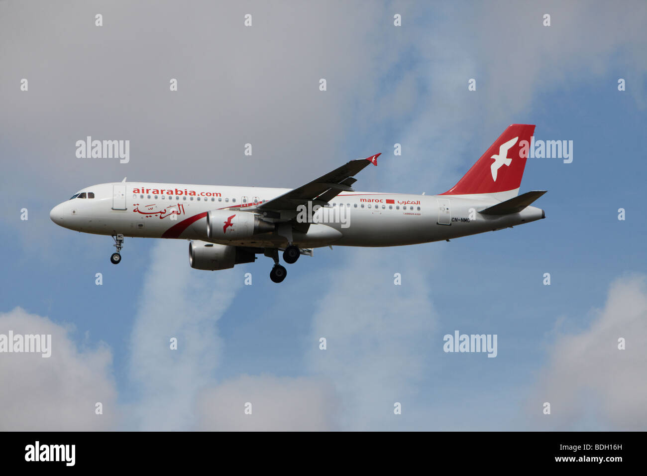 Air Arabia Maroc Airbus A320-214 on final approach at Stansted Airport, Essex, England, United Kingdom Stock Photo