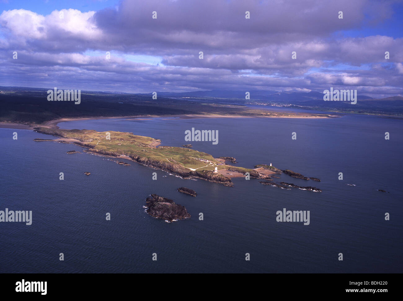 Llanddwyn Island Aerial view Also showing Newborough Warren, Abermenai Point and Menai Strait Anglesey North Wales UK Stock Photo
