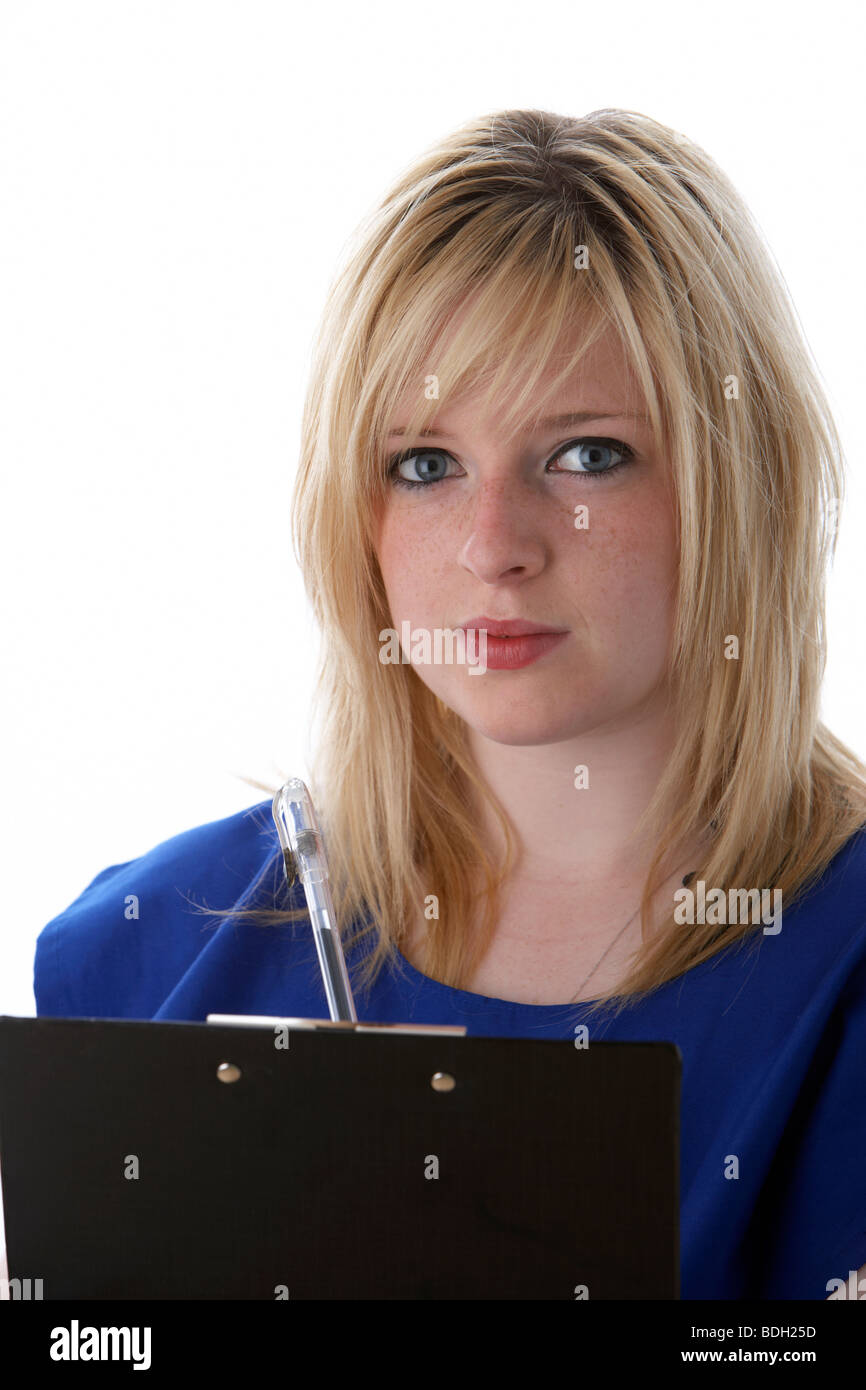Young 20 year old blonde woman wearing a blue tabard of a charity