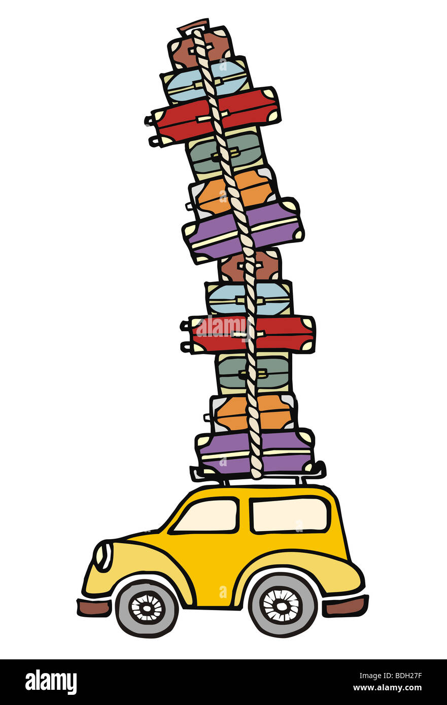 Illustration of a funny car with a lot of luggage on the roof. Vector file available. Stock Photo