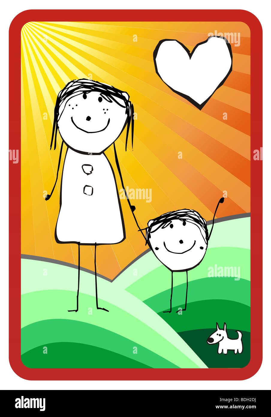 Illustration of happy mom and her child. Background with green fields
