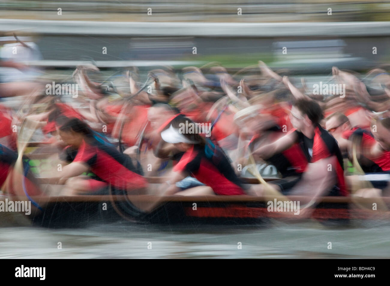 Blurred rowers rowing in a dragon boat race Stock Photo