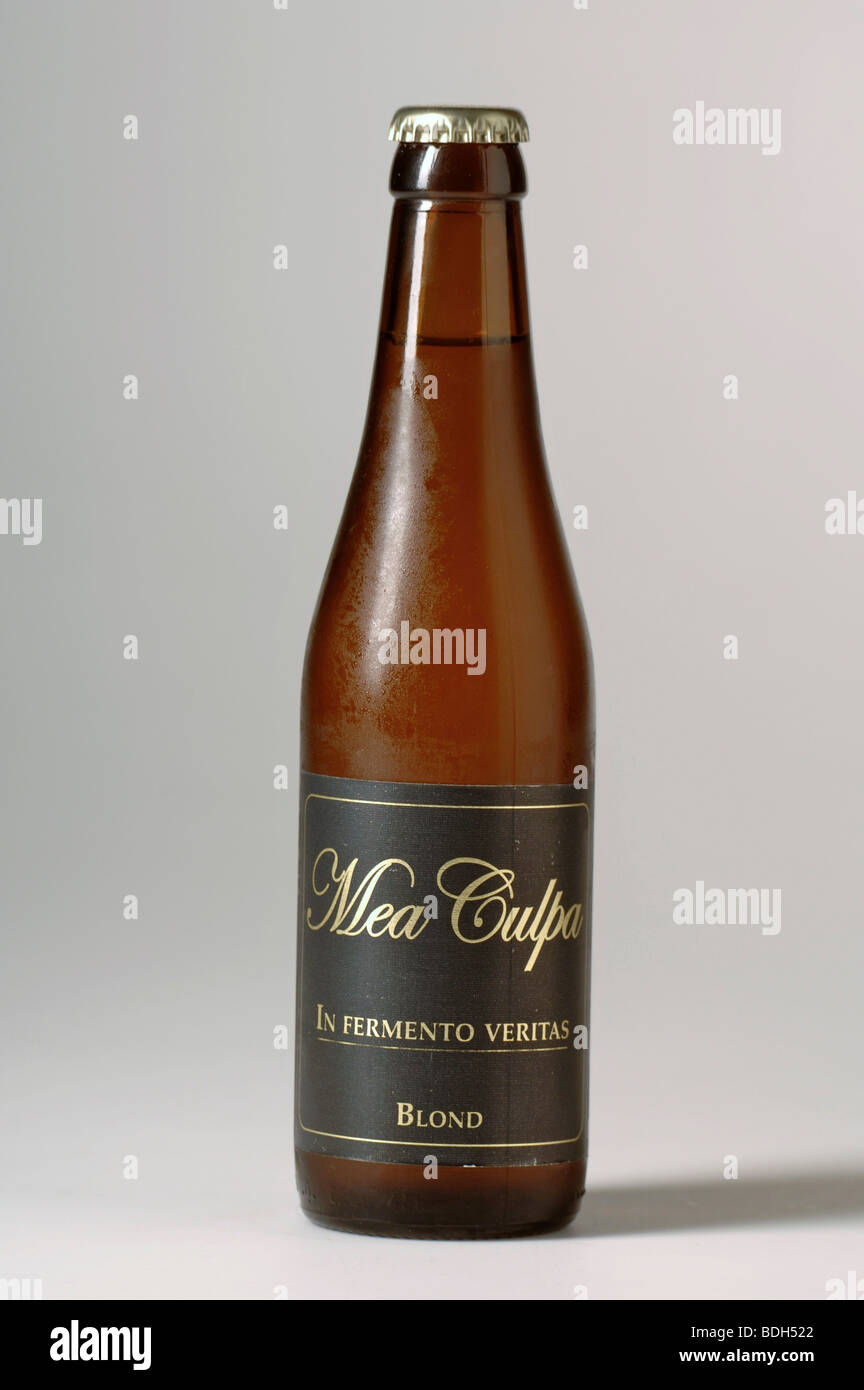 Bottle of Mea Culpa Blond Belgian beer. Stock Photo
