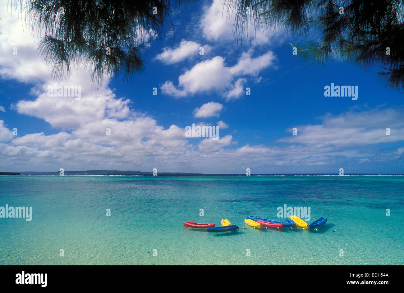 Kayaks in lagoon at Pacific Islands Club resort, Saipan, Northern Marianas Islands, Micronesia. Stock Photo