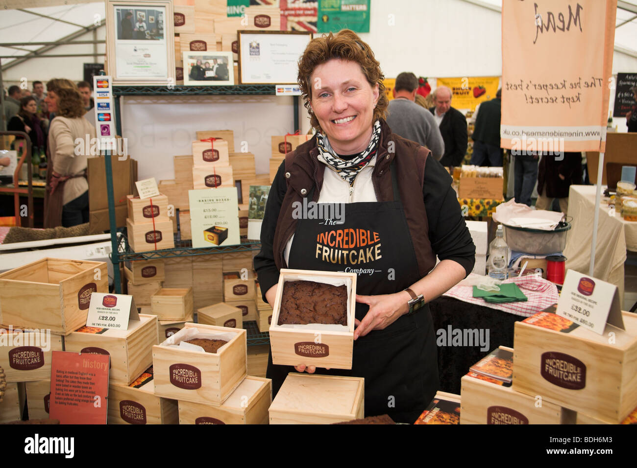 Exhibitor fruit cake at local  South west food festival Exeter Devon UK. Cake in a box company Stock Photo