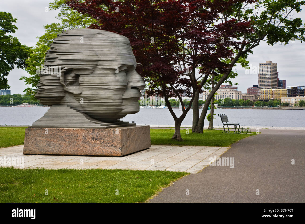 A statue of ARTHUR FIEDLER the conductor of the Boston Pops orchestra in CHARLES RIVER PARK - BOSTON, MASSACHUSETTS Stock Photo