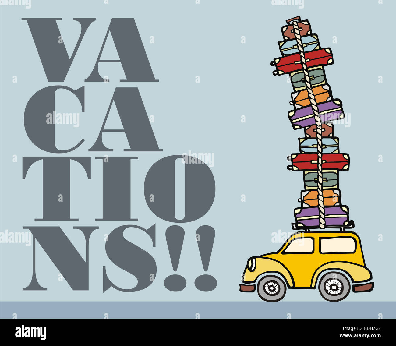 Illustration of a funny car with a lot of luggage on the roof. Vector file available. Stock Photo