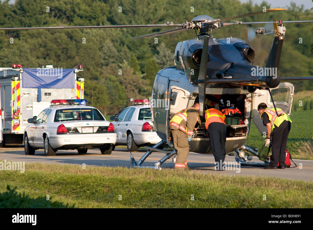 Life flight Helicopter leaving accident scene, near Marysville , Ohio