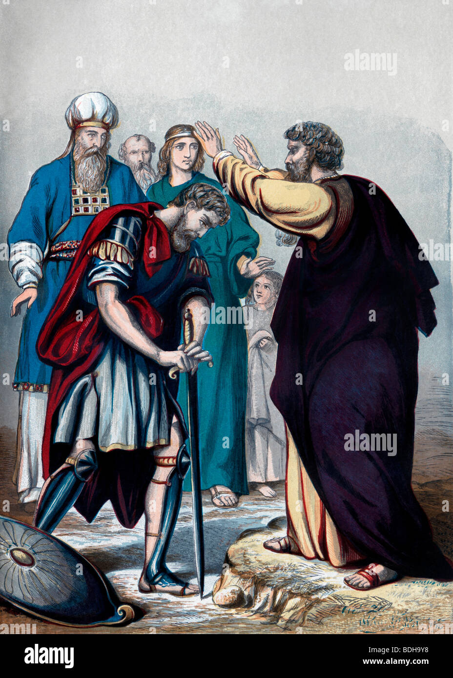 Illustration of Moses Naming Joshua as his Successor from the Christian Welsh Bible from Old Testament and Nev'im Stock Photo