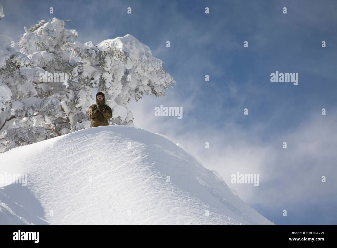 A skier looking over a snowbank with a blue sky in the background. Stock Photo