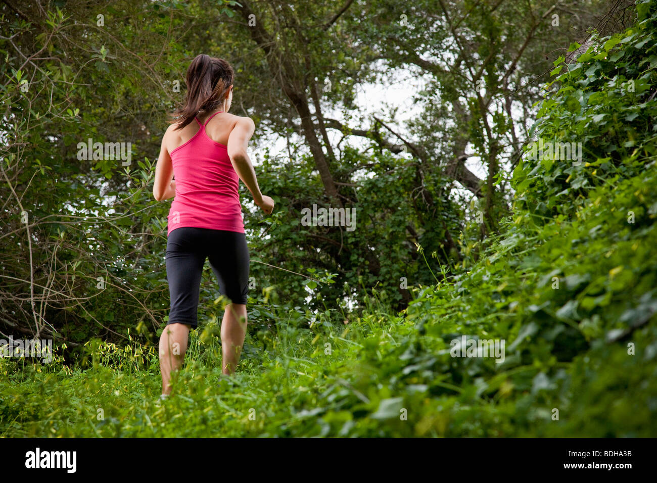 Woman trail running through a green meadow in the woods. Stock Photo