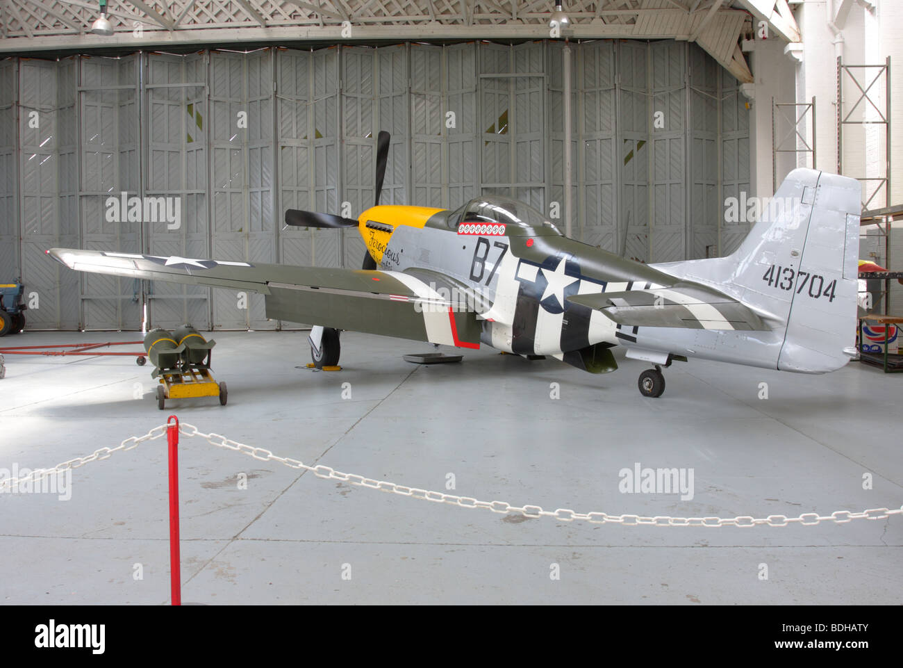 Rear and angled aspect of North American P-51D Mustang aircraft,this particular  aircraft being named Ferocious Frankie. Stock Photo