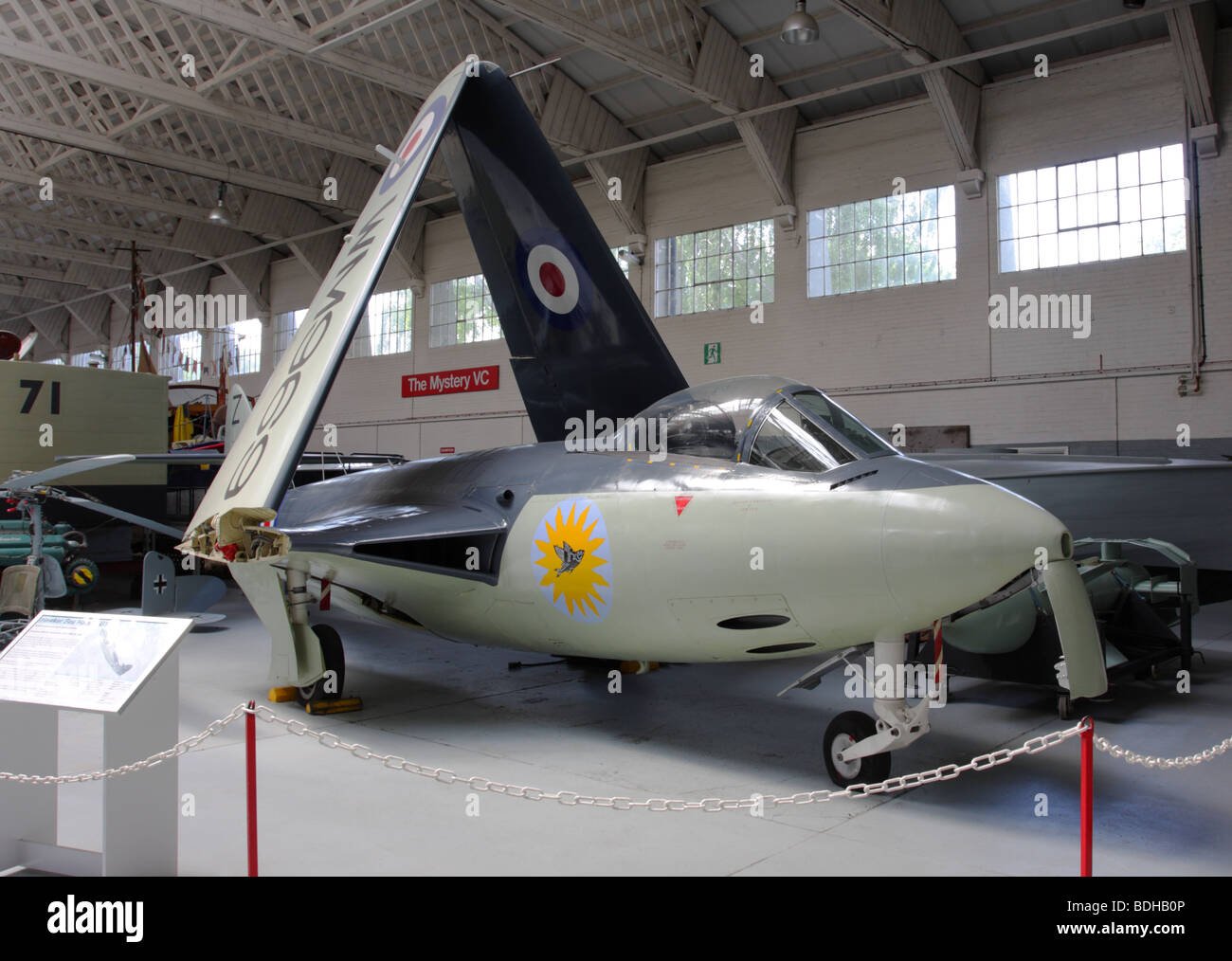 With wings folded and in grey and light green livery,the Hawker Sea Hawk FB5,on permanent display in hangar 3 IWM Duxford. Stock Photo