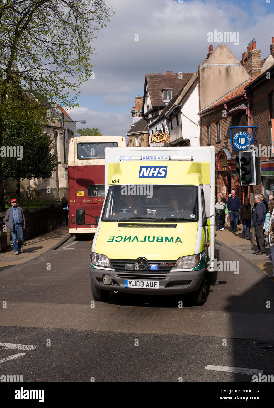 Ambulance racing to accident in York city centre, England Stock Photo ...