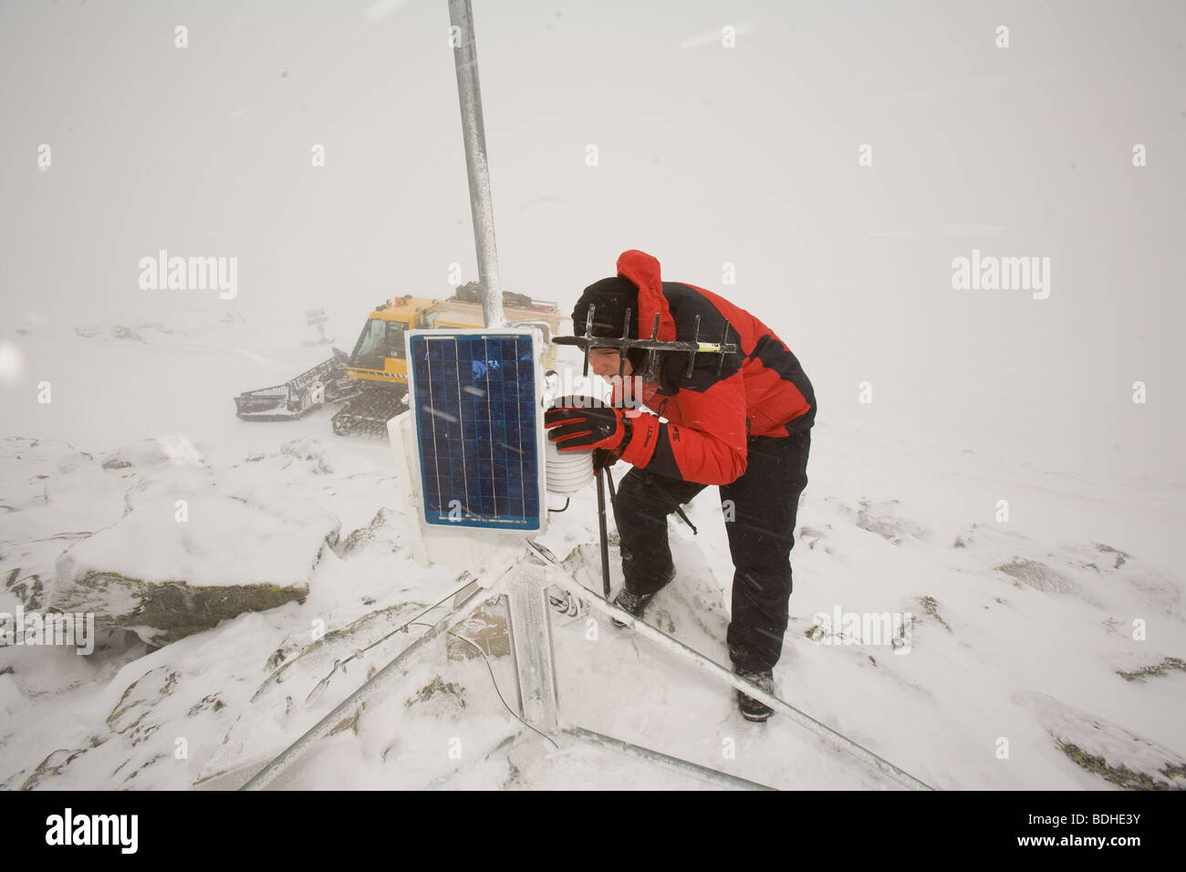 Weather observer shift change on the summit of Mt. Washington at the Mt. Washington Observatory. Stock Photo