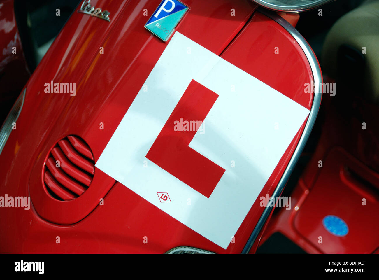 Learner L-plate on Vespa scooter Stock Photo