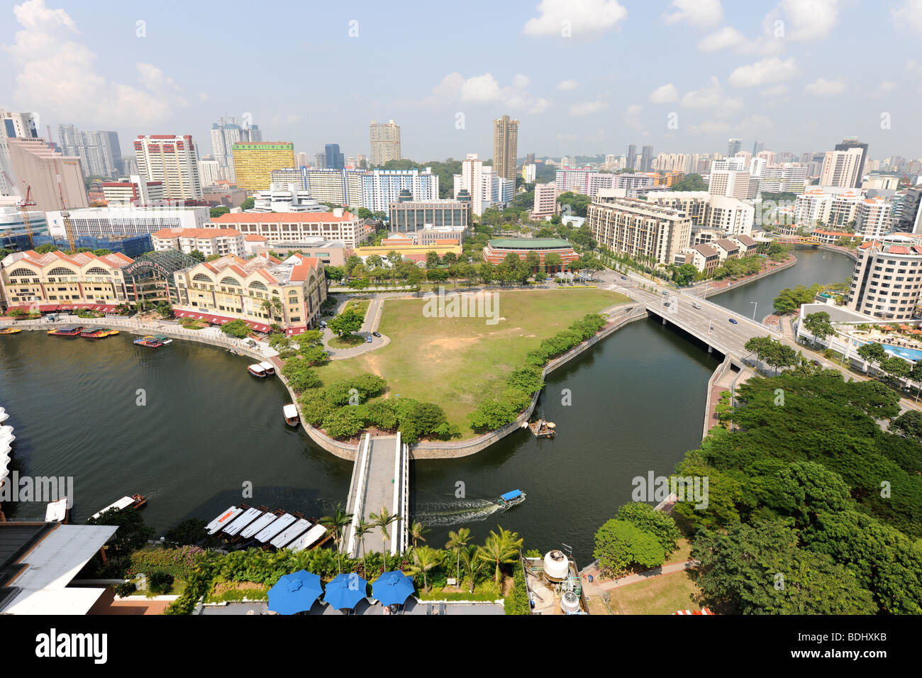 semi-aerial view from 22nd floor of apartment block over Singapore River, Singapore Stock Photo