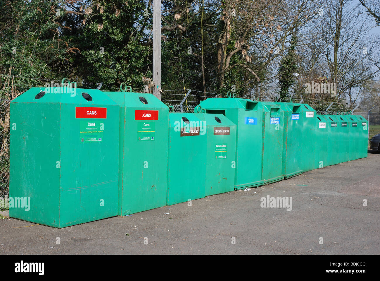 Bottle Banks at a Recycling Centre, Northamptonshire, England Stock