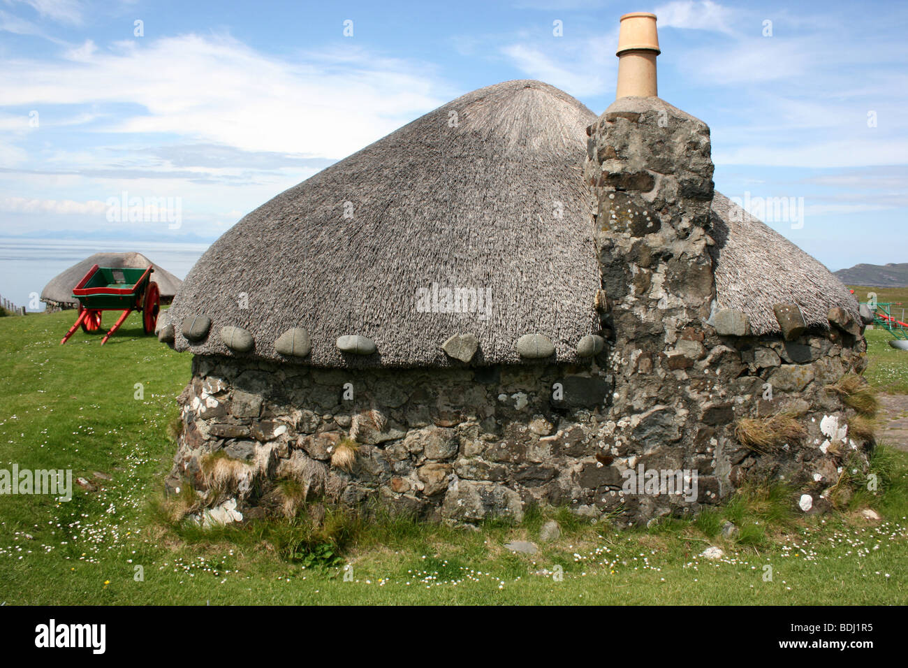 a restored blackhouse at the Skye Museum of Island Life on the Isle of Skye, Scotland Stock Photo