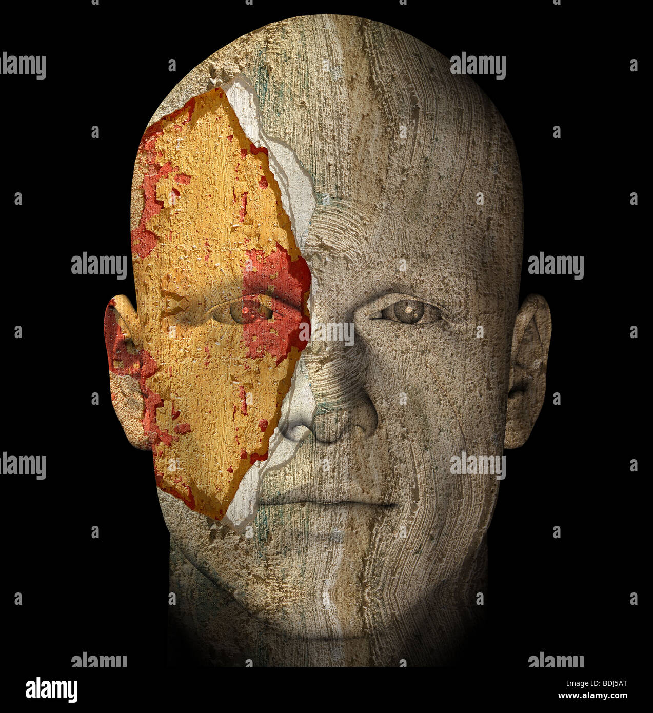 Broken and weathered statue head. 3-d digitally created illustration. Stock Photo