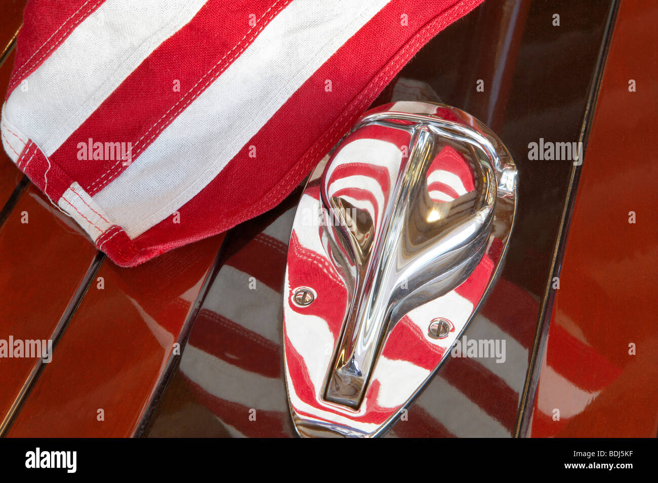 American flag and chrome fittings on Hacker craft wooden boat. Lake Tahoe. California Stock Photo