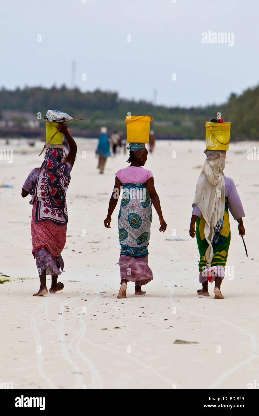 Women carry their caught fish in buckets on their heads, Zanzibar, Tanzania, Africa Stock Photo