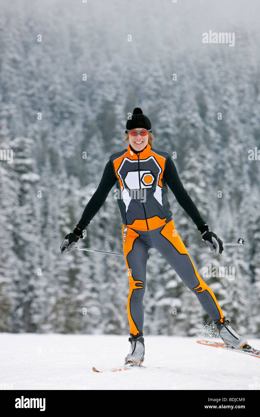 Woman Cross Country Skiing, Whistler, British Columbia, Canada Stock Photo