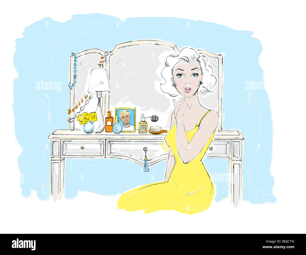 Illustration of Woman Sitting in front of Vanity Table Stock Photo