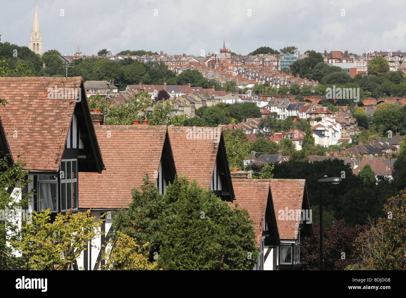 Houses in Crouch End with a view of Muswell Hill and hundreds of rooftops. North London Stock Photo