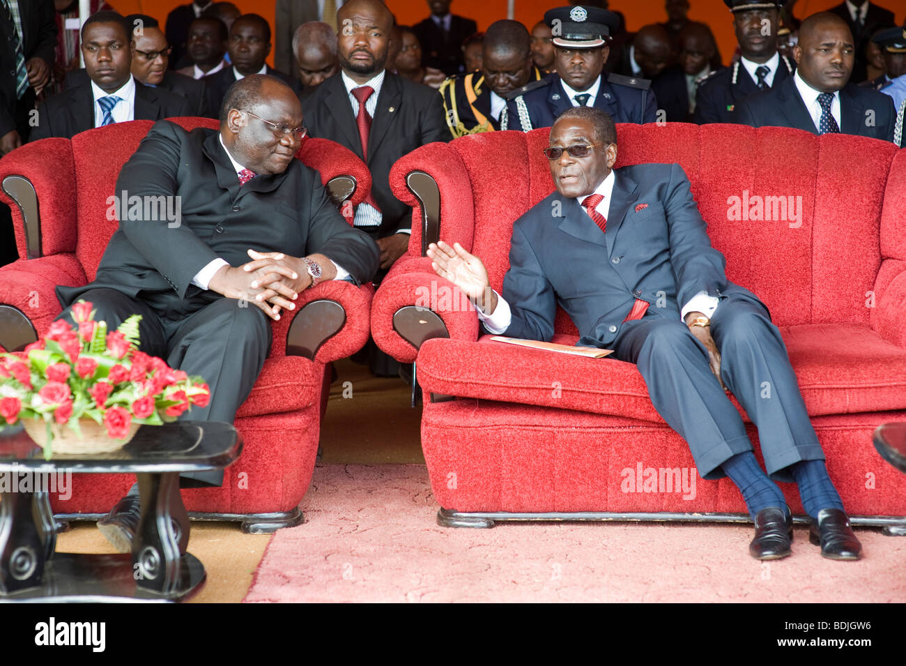 Robert Mugabe visiting Zambia on 7th August 2009 seated next to Tendai Diti, Zimbabwe's finance minister. Stock Photo