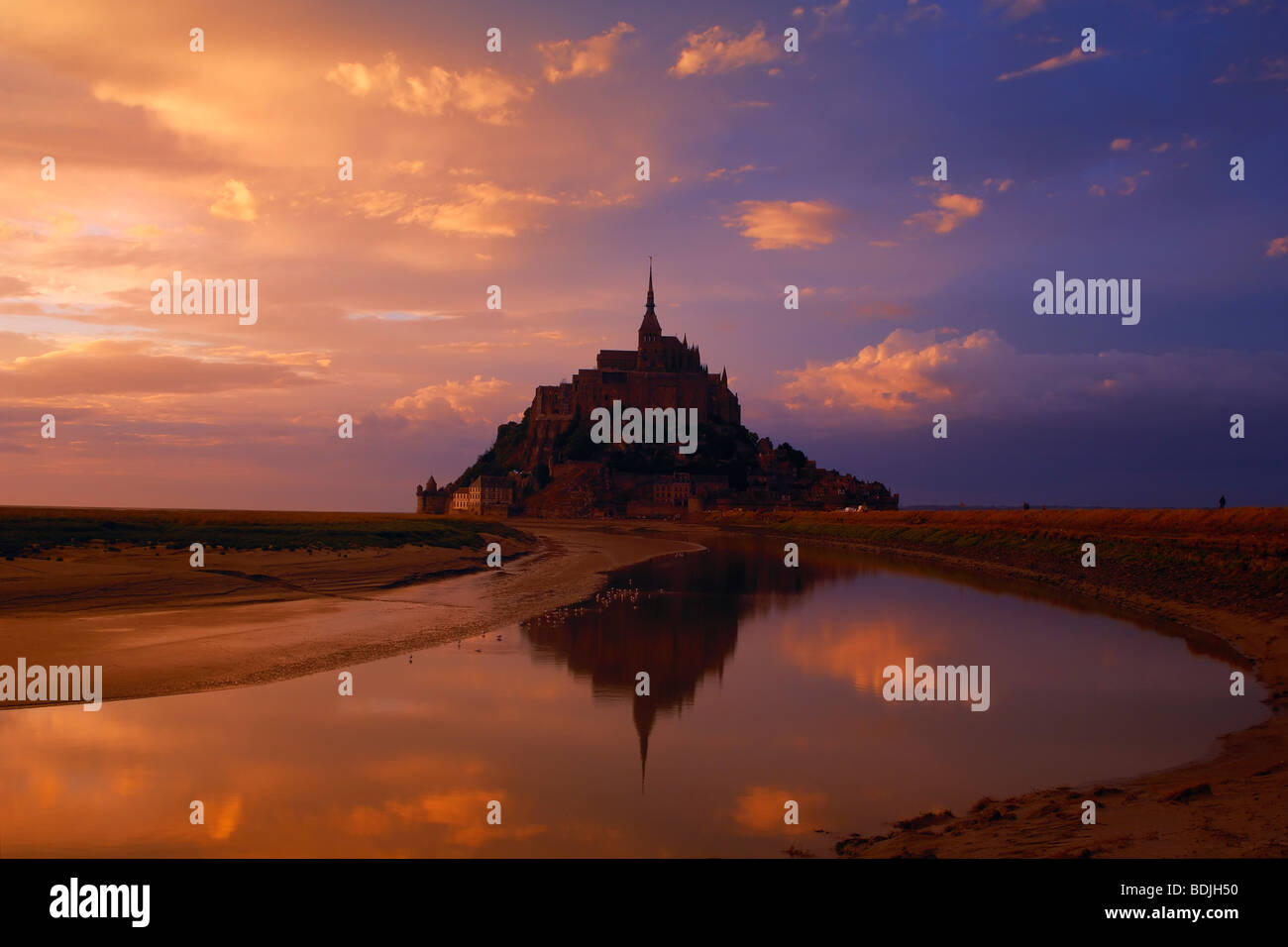 Mont Saint Michel at Sunset, Brittany, Normandy, France Stock Photo