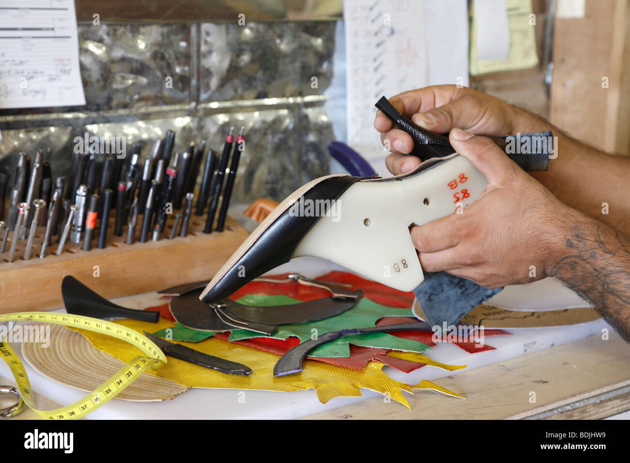 Close-up of Man Making a Shoe, Maida's Black Jack Boot Company, Houston, Texas, USA Stock Photo