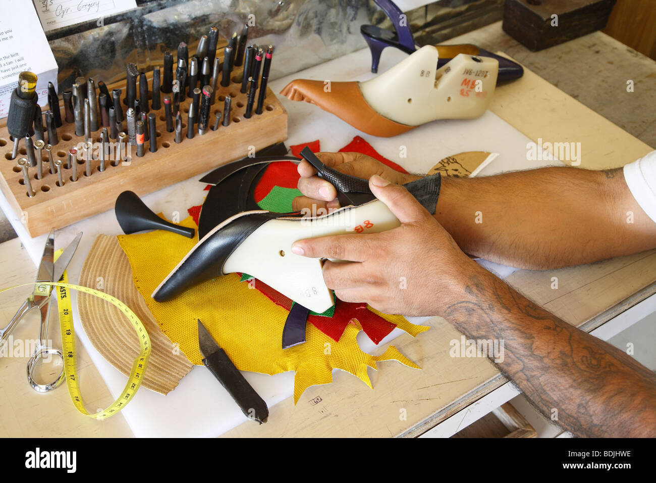 Close-up of Man Making a Shoe, Maida's Black Jack Boot Company, Houston, Texas, USA Stock Photo