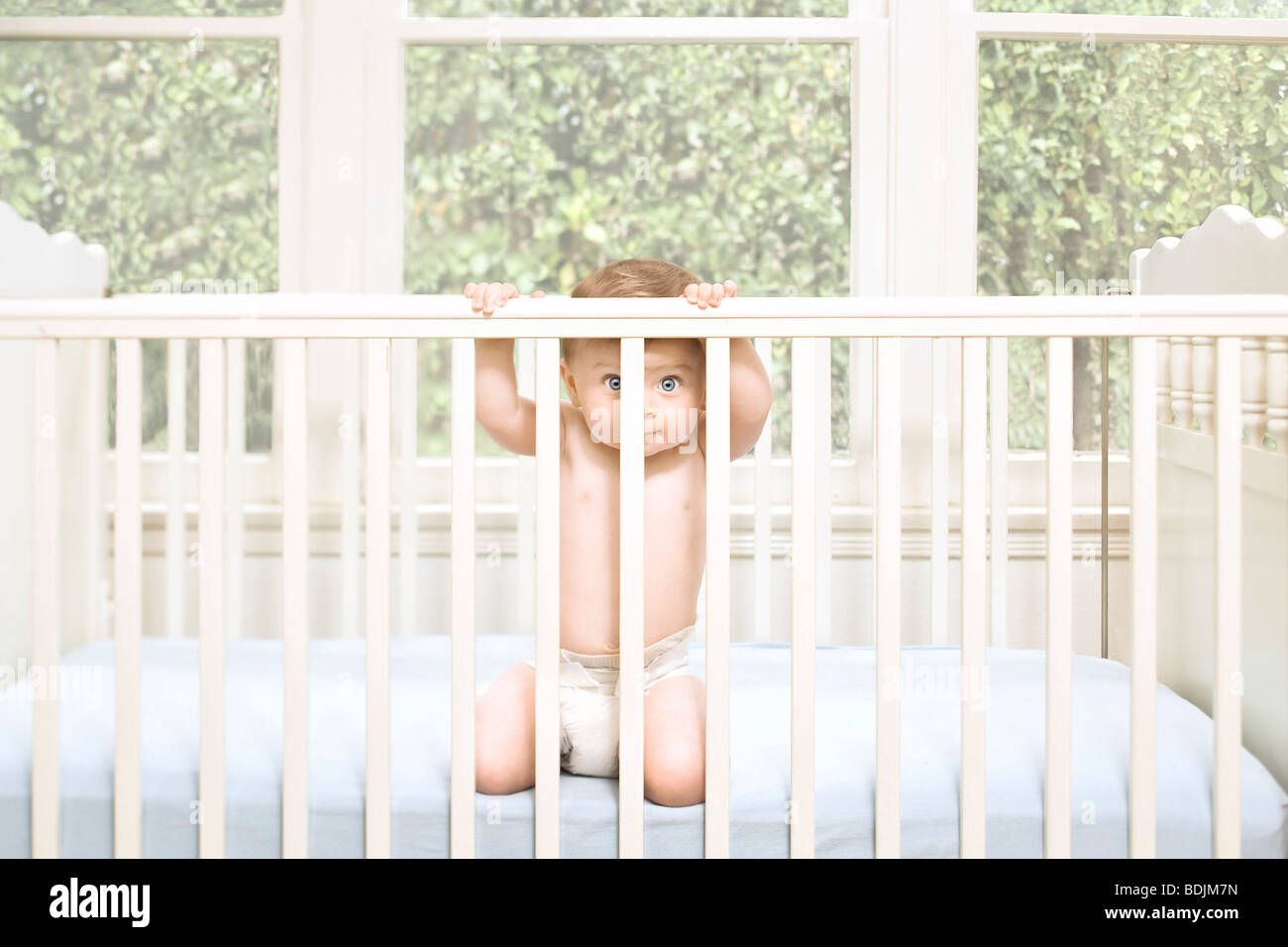 Baby Boy in Crib Stock Photo Alamy