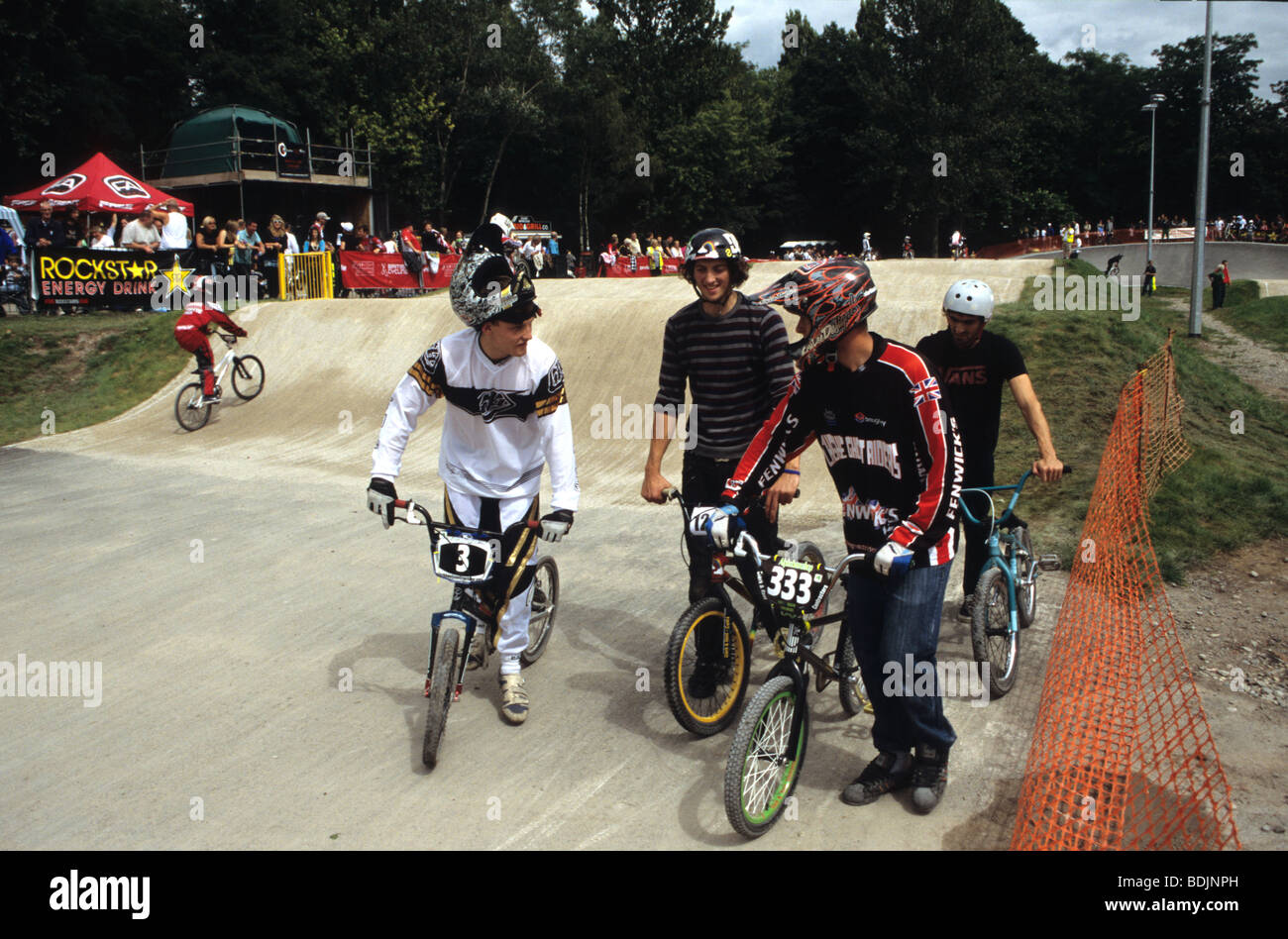 BMX Bikers Discussing Race At Crewe BMX Track Tipkinder Park Stock Photo Alamy