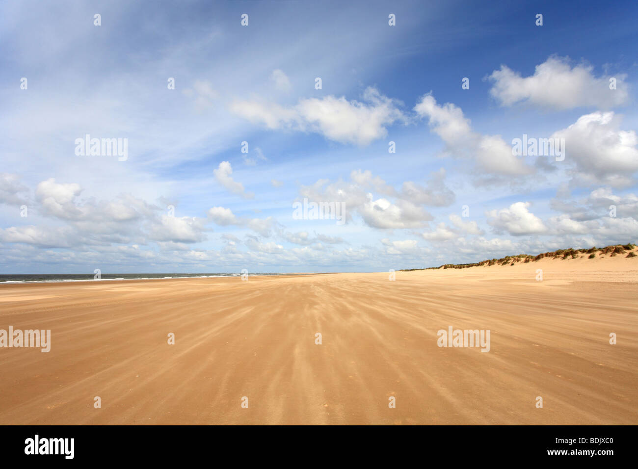 'Holkham beach' Norfolk, sand blue sky summer fluffy white clouds. Stock Photo