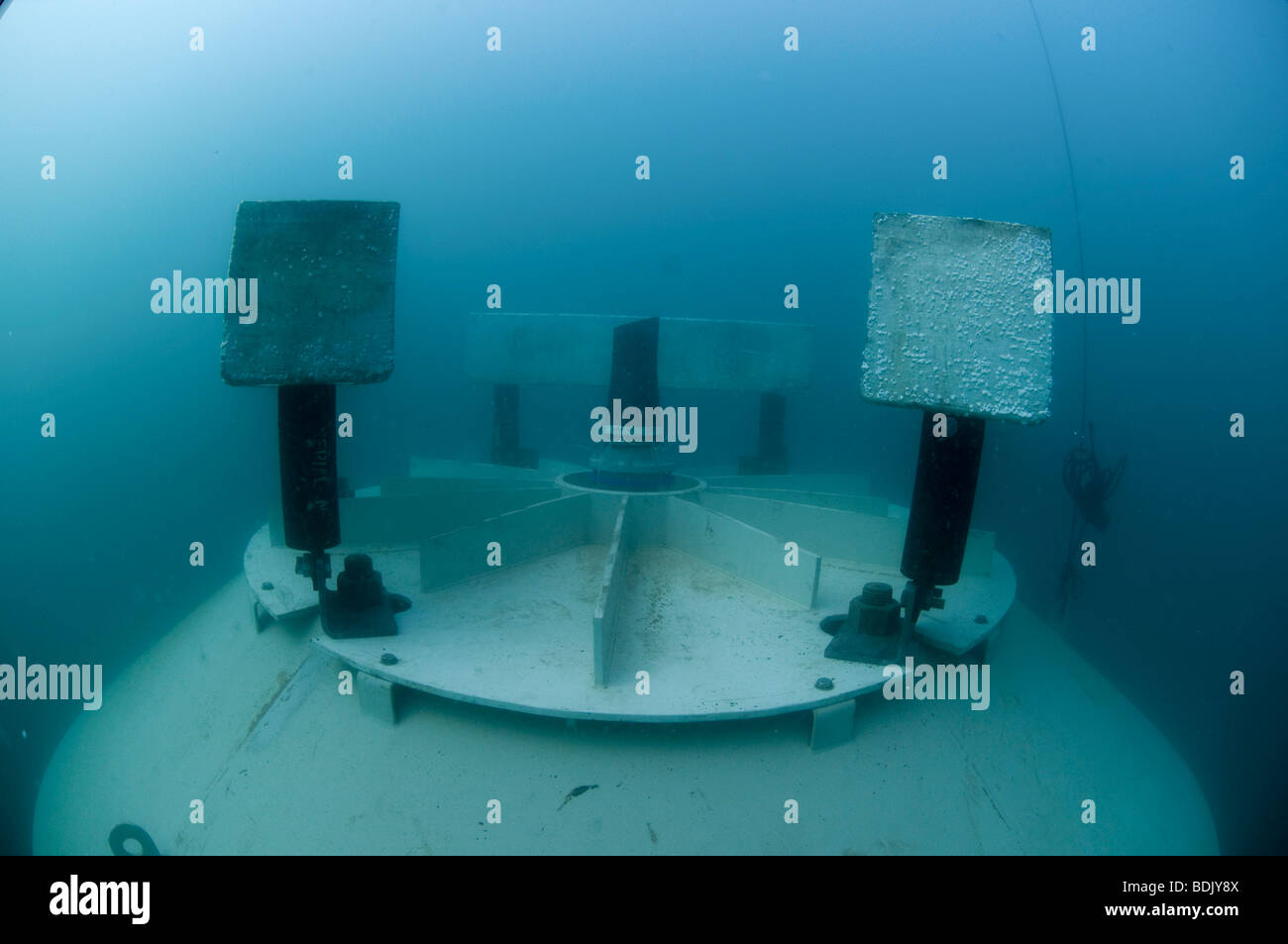 Israel, Hadera, underwater photography of the offshore suction head for the desalinization plant. Zinc block to reduce corrosion Stock Photo