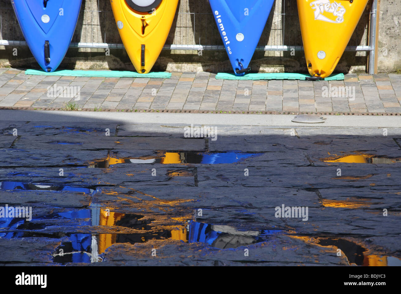 Kayaks and reflections, fforest, Cardigan, Wales Stock Photo
